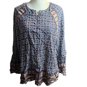TYLHO Boho Peasant Blouse, Navy Print, Long Sleeve Pullover Top, Size Medium